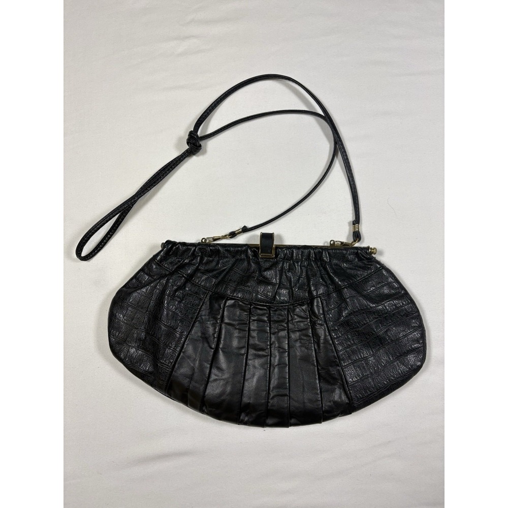 Vintage 70s Black Leather Pleated Clutch Bag Crossbody Gold Frame Made In USA